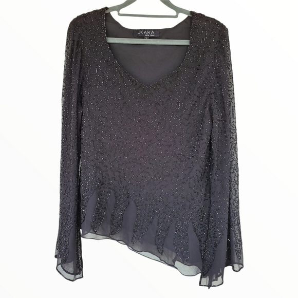 JKARA NY sz L black beaded blouse top flare sleeve scoop V neck angle hem - Picture 1 of 13